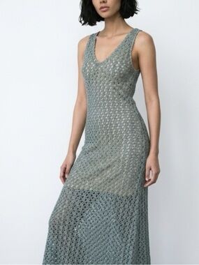 Peach Love Martin Green Crochet Knit Sleeveless Maxi Dress Boho Cottagecore M